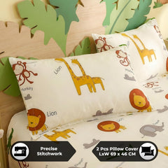 Kids Double Bed Bedsheet Set With 2 Pillow Covers - 88 X 100 Inches, Off White & Brown | Soft Bedding For Boys & Girls | Jungle Safari Print