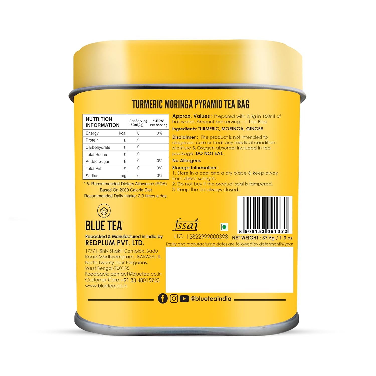 Blue Tea Curcumin Rich Turmeric Moringa Herbal Tea - 15 Pyramid Tea Bags In Reusable Tin Pack | Enhances Immune System - Caffeine Free, Gluten Free, Non-GMO Blue Tea Curcumin Rich Turmeric Moringa Herbal Tea - 15 Pyramid Tea Bags In Reusable Tin Pack | Enhances Immune System - Caffeine Free, Gluten Free, Non-GMO