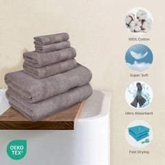 Trident Soft Comfort Air Rich Bath Towels 500 Gsm | 100% Cotton Towel, Super Soft, Highly Absorbent, 6 Pieces (Charcoal)