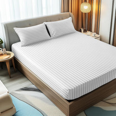 Stripes King Size Cotton Bedsheet With 2 Pillow Covers - 86 X 94 Inches, White | Perfect For Home Decor, Guest House | Ideal For All Seasons