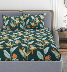 Printed Double Bedsheet With 2 Matching Pillow Covers - 72 X 78 X 10 Inches, Dark Green | All Around Elastic Fitted King Size Bedsheets | Ideal For Home, Hotel, Bedroom