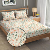 1 Elastic Fitted Bedsheet For King Size & 2 Pillow Covers - 78 X 72 Inches, Cream & Green | Elegant Floral Print Design & Skin-Friendly