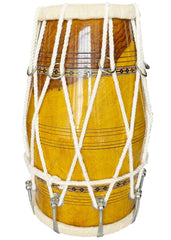 Handmade Bhajan Kirtan Sheesham Wood Dholak With Yellow Glassy Glass Transparent Polish - Yellow | Wild Goat Skin Made Ring Fitting By Nut Bolt & Rope