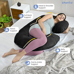 C Shaped Pregnancy Pillow For Maternity & Baby Nursing, Dark Grey Color | Full Body Support, Abdomen, Hip, Spine, Neck & Head Support Cushion | Premium Velvet Outer Cover With Zip, Comfy