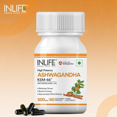 Inlife Ashwagandha Ksm-66 500 Mg, Extra Strength Natural Formulation, Supports Strength, Energy, Withania Somnifera Extract | 60 Capsules 100gm 0.2lbs