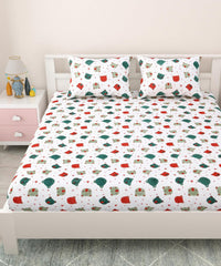Pure Cotton Kids Bedsheet Double Bed Queen Size With 2 Pillow Covers | 90 X 100 Inches, White & Green | Fun Cartoon Theme, Soft & Breathable Fabric