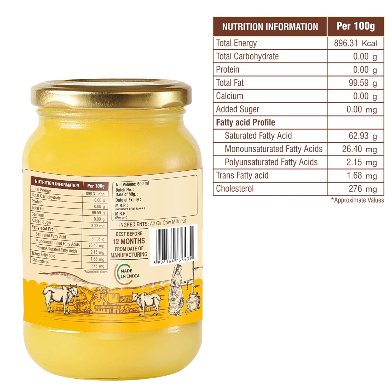 100% Pure A2 Desi Gir Cow Ghee By Umanac | Traditional Hand Churned Bilona Method Desi Ghee Good For Health | (500ml) 16.9 Ounce | Jar Pack 100% Pure A2 Desi Gir Cow Ghee By Umanac | Traditional Hand Churned Bilona Method Desi Ghee Good For Health | (500ml) 16.9 Ounce | Jar Pack