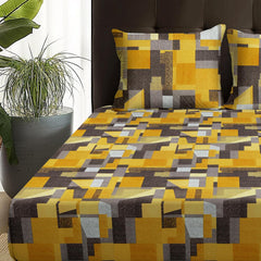 Double Bedsheet With 2 Pillow Covers - Queen Size 88 X 98 Inches, Mustard & Grey | Perfect For Home Decor & Gifting | 4 Pcs Bedding Set