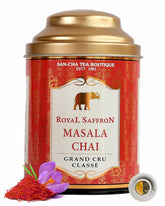 San-Cha Tea Boutique Royal Saffron Masala Chai - 100gm, 3.5 Ounce | Blend Of Real Kashmir Saffron With Cardamom - Ginger & Cinnamon Kesar Chai | Medium Caffeine