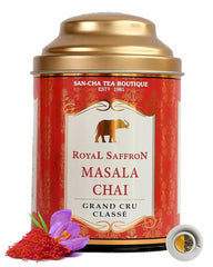 San-Cha Tea Boutique Royal Saffron Masala Chai - 100gm, 3.5 Ounce | Blend Of Real Kashmir Saffron With Cardamom - Ginger & Cinnamon Kesar Chai | Medium Caffeine