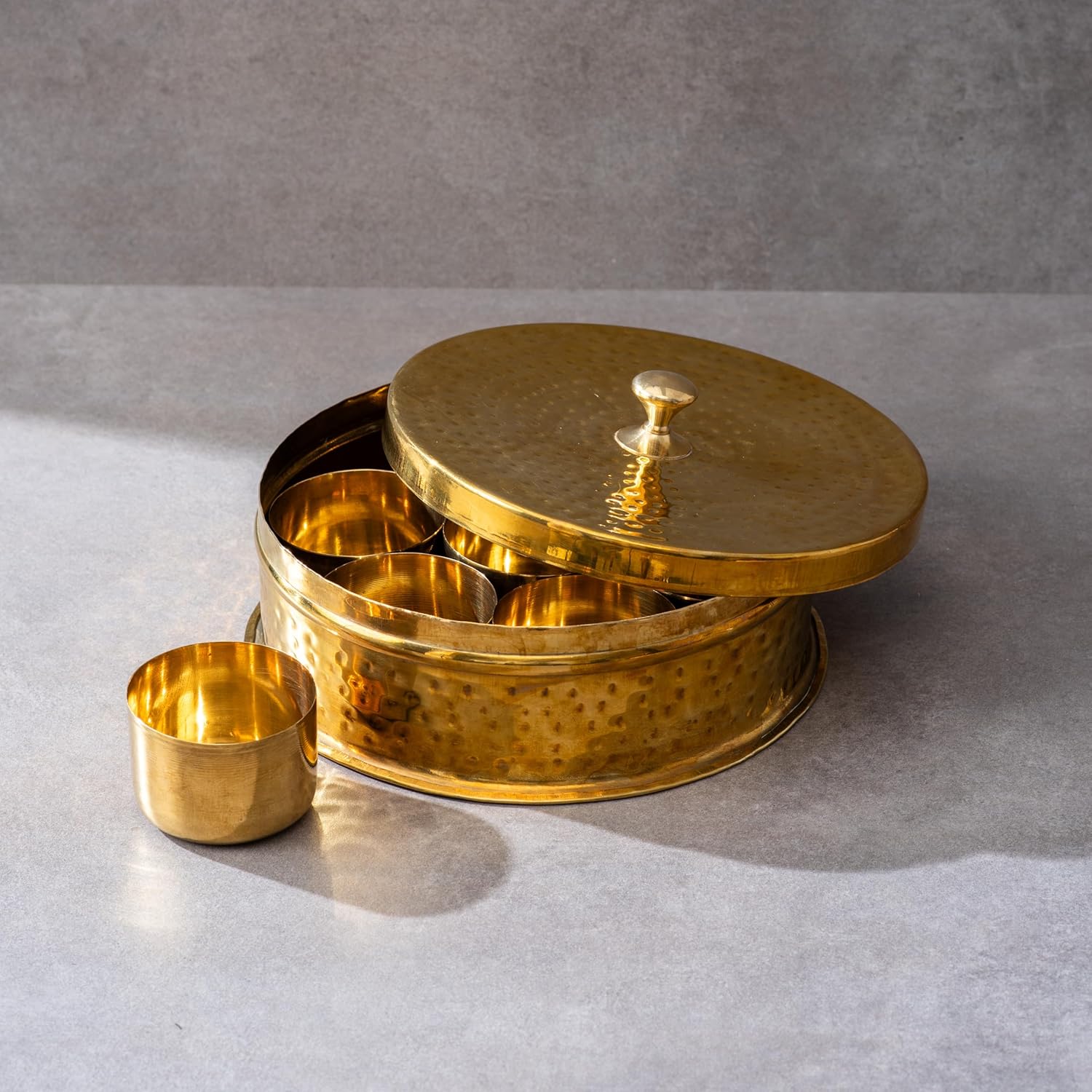 Golden Brass Masala Box - Masala Dani - Spice Box Set For Kitchen - Spice Storage Organizer - Masala Dabba | Non-Toxic Golden Brass Masala Box - Masala Dani - Spice Box Set For Kitchen - Spice Storage Organizer - Masala Dabba | Non-Toxic