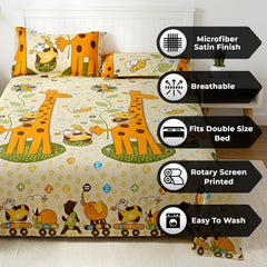 Kids Double Bed Bedsheet Set With 2 Pillow Covers - 88 X 100 Inches, Cream & Orange | Soft Bedding For Boys & Girls | Baby Animals Design