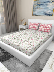 Super Soft Cotton Feel Bedsheet For Double Bed King Size With 2 Pillow Covers | 100 X 108 Inches, Off White & Pink | Perfect For All Season Comfort