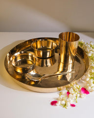 Bronze Kansa Solid Dinner Thali Set (Set Of 1), Gold | 1 Thali+ 2 Bowls+ 1 Glass+ 1 Spoon | Antique Look Set