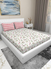 Super Soft Cotton Feel Bedsheet For Double Bed King Size With 2 Pillow Covers | 100 X 108 Inches, Off White & Pink | Perfect For All Season Comfort