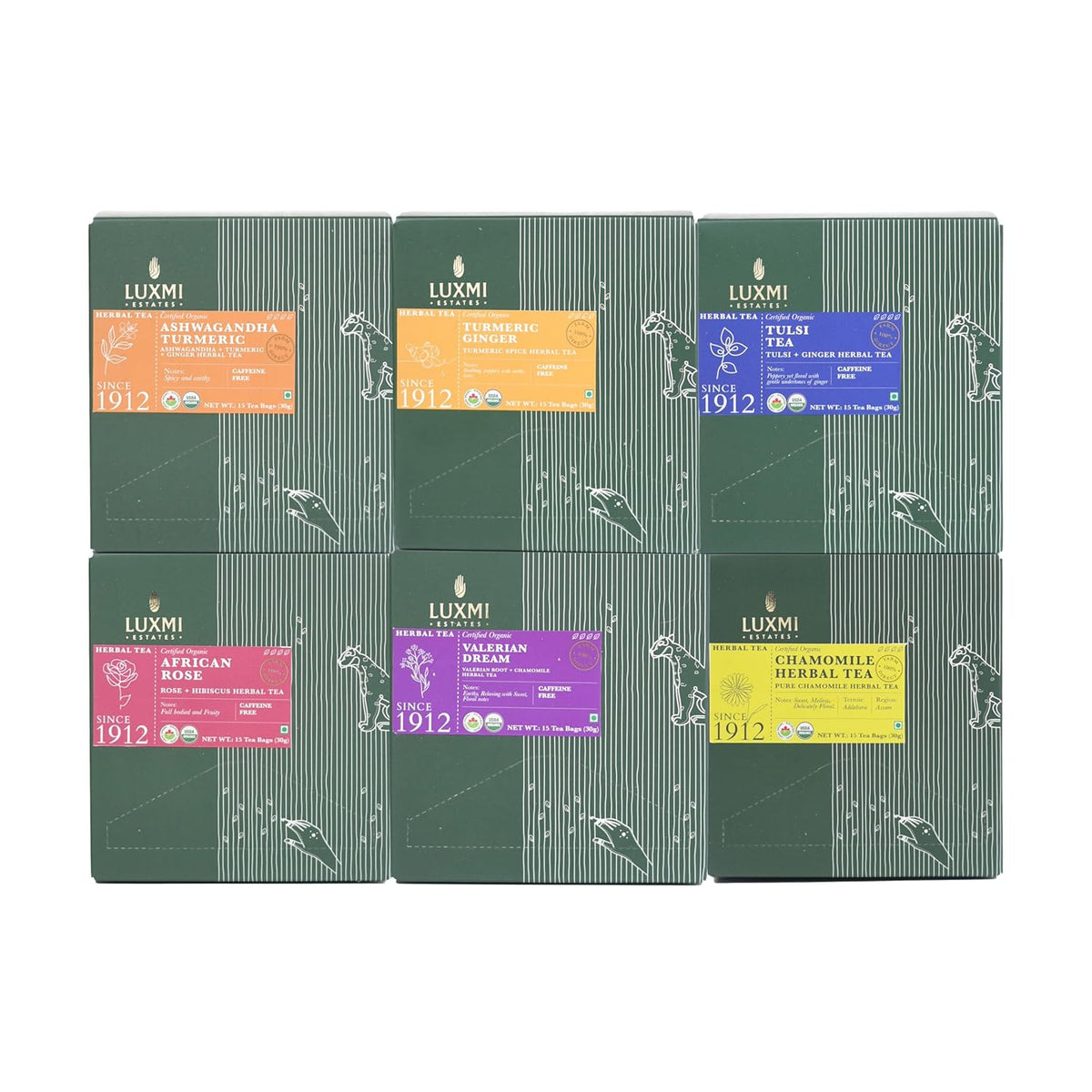 Luxmi Estates Herbal Tea Assortment Gift Pack - Pack Of 6, 15 Tea Bags In Each | Ashwagandha+ Turmeric Ginger+ Tulsi+ African Rose+ Valerian Dream+ Chamomile Herbal Tea - Caffeine Free