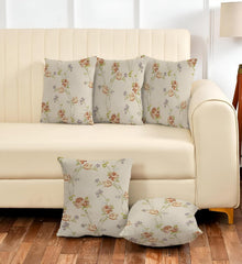 Microfiber Square Pillow Cushion For Sofa & Bed, Printed - Brown Rose & Grey - 16 X 16 Inch | Soft, For Comfort & Back Support | Breathable, Premium Cotton Cushion Cover With Zip - Set Of 5