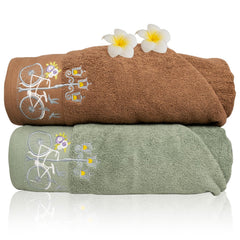 Rangoli 100% Cotton Martin Bath Towels 1000 Gsm | Quick Dry, Ultra Soft, Highly Absorbent Printed Bath Towel - Brown & Green (Set Of 2)