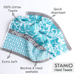 Stamio Cotton Hand Towels 490 Gsm | Towel For Men & Women Home Kitchen Use, Gym, Wash Basin, Sports, Travel | Jacquard Towel Light Green (Set Of 4)
