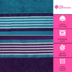 Casa Copenhagen Germany Design 100% Cotton 2 Pieces Large Bath Towel 850 Gsm - Violet Indigo & Teal Green