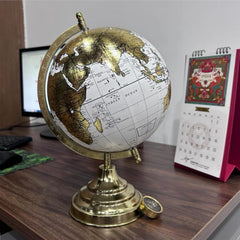 Decorative 8 Inch Table Rotating Globe With Gold Arc & Base, For Home Decor With Gold Foil Stamp Map, White, For Kids & Students Learning, Pack Of 1