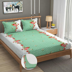 Premium Heavy Cotton Elastic Fitted King Size Bedsheet With 2 Pillow Covers - 72 X 78 X 10 Inches, Green & White | All Weather Comfort & Bedroom