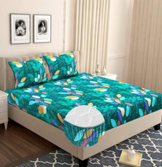 Elastic Fitted Double Bedsheets For Queen Size With 2 Pillow Covers - Size 72 X 68 X 6 Inches, Dark Green & Rust | Double Bed With Corner Elastic | Wrinkle Free Super Soft Floral Breathable