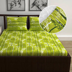 Double Bedsheet For Queen Size With 2 Pillow Covers - 60 X 78 Inches, Green & White | All Around Elastic Fitted Soft, Lightweight & Breathable Cotton Bedsheet