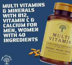 Pure Wellness Multivitamin Tablet For Men & Women, 40+ Ingredients With Potassium Vitamin C, D3 Enhanced Energy & Strength Immunity Booster & Joint Support | 60 Tablets , 100gm 0.2 Lbs
