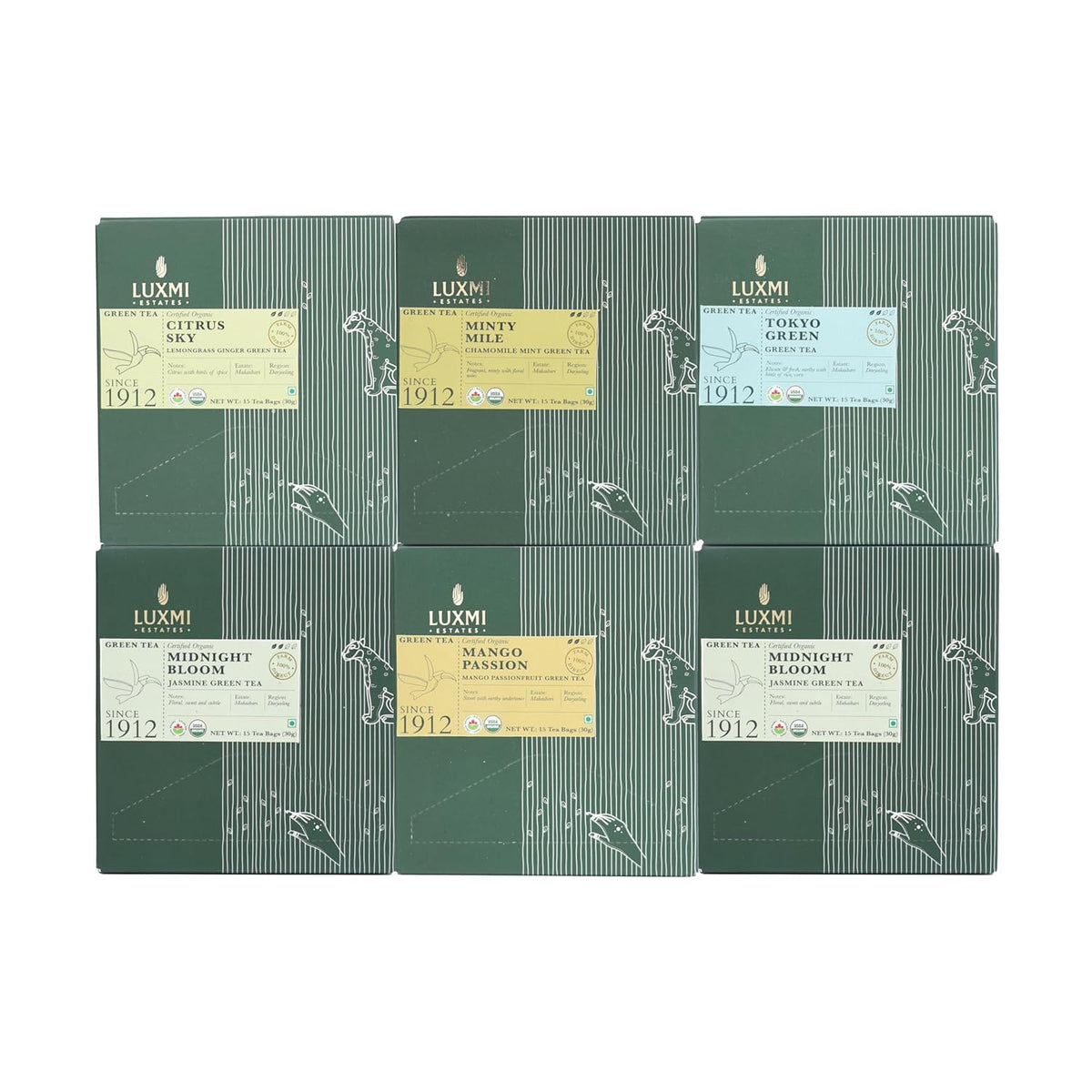 Luxmi Estates Green Tea Assortment Gift Pack - Pack Of 6, 15 Tea Bags In Each | Citrus Sky, Minty Mile, Tokyo Green, Mango Passion, 2 Midnight Bloom Green Tea - Low Caffeine