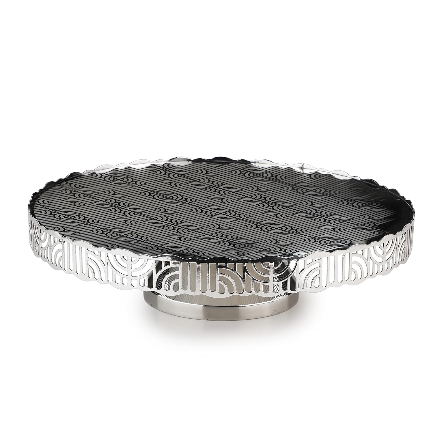 Silver Stainless Steel Round Serving Platter - Deco Lattice Series | Premium Mirror Finish, Multipurpose Cupcake Bruschetta Crostini Dessert Platter With Stand | Serve Ware Silver Stainless Steel Round Serving Platter - Deco Lattice Series | Premium Mirror Finish, Multipurpose Cupcake Bruschetta Crostini Dessert Platter With Stand | Serve Ware