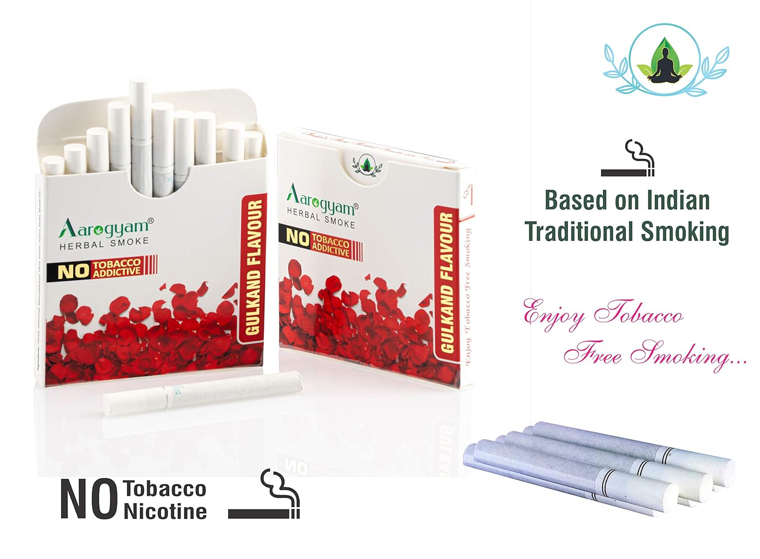 Aarogyam Herbals 100% Tobacco & Nicotine Free Cigarette For Relieve Stress & Mood Enhance Product For Smokers - 10 Sticks In Each Packet Gulkand Flavour, Pack Of 5 Aarogyam Herbals 100% Tobacco & Nicotine Free Cigarette For Relieve Stress & Mood Enhance Product For Smokers - 10 Sticks In Each Packet Gulkand Flavour, Pack Of 5