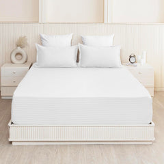 210 TC Cotton Double Bed Fitted Bedsheets With 2 Pillow Cases - 78 X 72 Inches, White | Satin Stripes Wrinkle Free | Comfortable Fabric Bedsheet