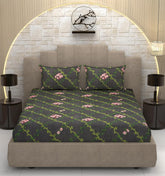 Bedsheet For Queen Size Bed With 2 Pillow Covers - 90 X 100 Inches, Dark Grey & Green | Soft, Breathable, Wrinkle Free & Fade Resistant
