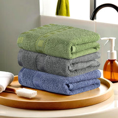 Heart Home Cotton Hand & Face Towels 600 Gsm | For Men & Women Easily Washable Workout Gym Towel - Dark Blue, Grey & Green (Pack Of 3)