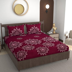 King Size Elastic Fitted Bedsheets With 2 Pillow Covers - 90 X 100 Inches, Maroon | Soft Wrinkle Free & Breathable Elastic Bedsheets - Durable & Long Lasting Bedsheet