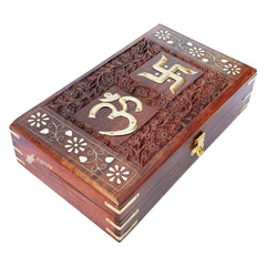 Wooden Carved Om Box, Rosewood Jewellery Box, Kit, Vanity Organiser For Women, Storage, Gold, Cash, Money, Good Luck Shagun Gift, Pooja Temple Samagri 10 X 6 Inches, Pious Galaxy, Colour - Brown