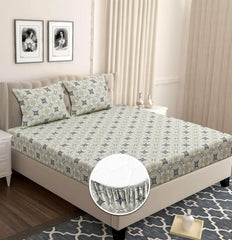 Cotton Elastic Fitted Bedsheets With 2 King Size Pillow Covers | King Size 72x78+10 Inches, Grey & White - Double Bed With All Around Elastic Super Soft