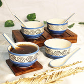 Blue Swirl Hand Painted Handled Ceramic Soup Bowls With Spoons Set Of 4 - 220ml Each | Serving Bowls With Matching Spoons | Ceramic Soup Cups - 4 Pieces, Microwave Safe & Dishwasher Safe