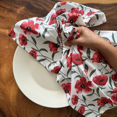 Oak & Lily 100% Cotton Kitchen Napkins Dish Towels 350 Gsm | Premium European Quality Washable, Large Size Kitchen Cloth For Roti, Cleaning, Drying | Red Poppy Print (Set Of 3)