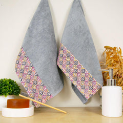 Rangoli Prima Dream 100% Cotton Lace Hand Towel 400 Gsm | Towels For Hand Small Size, Ultra Soft, Super Absorbent & Eco-Friendly Hanging Hand Towels (Grey) - Pack Of 2