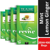 TE-A-ME Mint, Lemon & Ginger Revive Green Tea - Pack Of 4 X 25 Tea Bags | Boosts Immunity & Metabolism - 100% Natural Ingredients