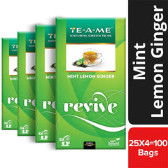 TE-A-ME Mint, Lemon & Ginger Revive Green Tea - Pack Of 4 X 25 Tea Bags | Boosts Immunity & Metabolism - 100% Natural Ingredients