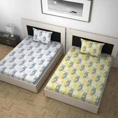 Combo 2 Single Bedsheet With 2 Pillow Cover - 57 X 87 Inches, Grey & Yellow | 144 Thread Count Lightweight, Soft, Skin Friendly - Durable Bedsheets For Everyday Comfort