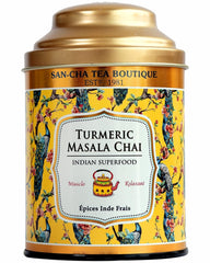 San-Cha Tea Boutique Turmeric Masala Chai - 100gm, 3.5 Ounce | Indian Superfood Blend Wellness Drink - Anti Inflammatory Golden Milk Tea | Medium Caffeine Loose Leaf Tea