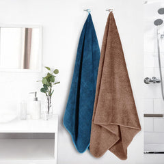 Story@Home Microfiber Bath Towels 400 Gsm Large Size Set Of 2 | Perfect For Everyday Use (Navy Blue & Light Brown)