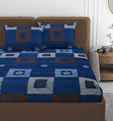 Printed Double Bedsheet With 2 Matching Pillow Covers - 72 X 78 X 10 Inches, Dark Blue | All Around Elastic Fitted King Size Bedsheets | Ideal For Home, Hotel, Bedroom