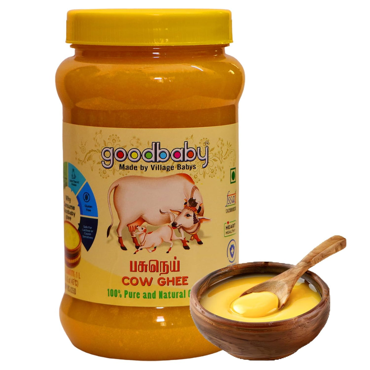 100% Natural Cow Ghee By Goodbaby Made In Village Babys | Traditional Curd-Churned Pure Cow Ghee Good For Heart Health | (250ml) 8.4 Ounce | Jar Pack