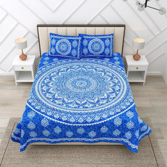 Pure 100% Cotton Double Bed Sheet With 2 Pillow Covers - 90 X 100 Inches, Blue & White | Beautifully Handcrafted Traditional Bedsheets - Skin Friendly Fabric