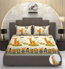 Kids 1 Double Bedsheet For King Size With 1 Pillow Covers - 72 X 78 X 10 Inches, Multicolor | Cotton Feel All Around Elastic Fitted Bedsheet